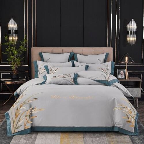 2020 Luxuryl bedding set King Queen Size embroidery bamboo leaf Bed Linen 800TC Cotton Duvet Cover Bed Sheet Set Pillowcases