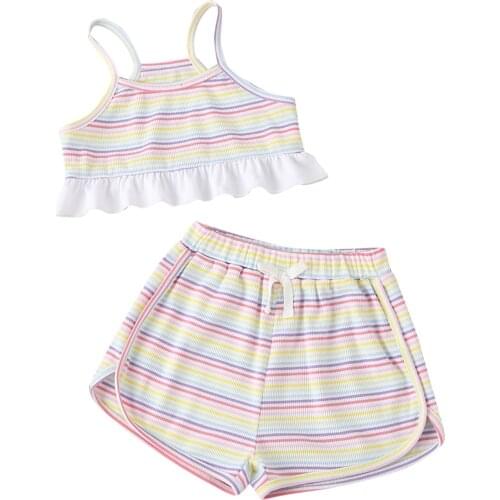 New 2Pcs Kids Summer Tracksuit, Splicing Stripes Spaghetti Strap Crop Tops + Elastic Waist Shorts for Girls 18 Months to 6 Years