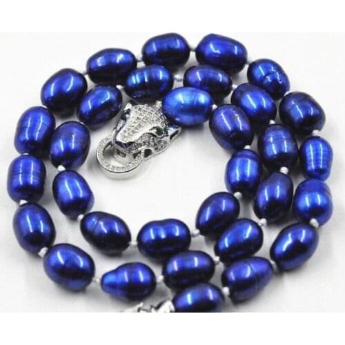 Beautiful NEW REAL 7-9mm freshwater Cultured Blue Pearl Necklace 18"leopard Clasp