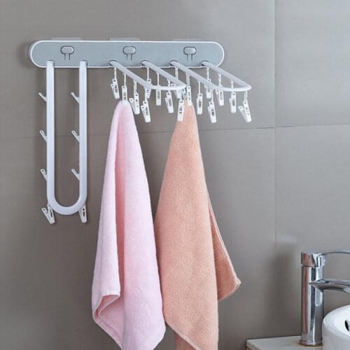 Multifunctional Foldable Drying Rack Socks Hanger Underwear Clothes Holder Clips Wall-Mounted One Button Fold Drill Free Laundry