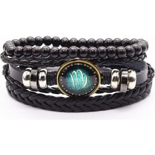 Fashion Casual Green Constellation Virgos Charm Black Leather Beads Women Bracelets Men Femme Homme Male Friend Gift Jewelry
