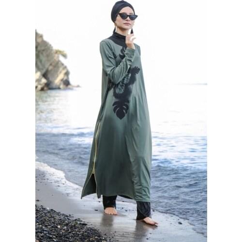 Lycra Fully Covered Hijab Swimsuit With Zipper Slit Detail M2021 Khaki