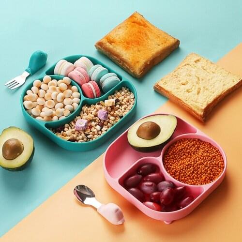 Baby Silicone 3pcs Set Dishes Plates Fork Spoon Solid Food Sucker Self Feeding for Kids Children Fall Resistant Tableware Gift