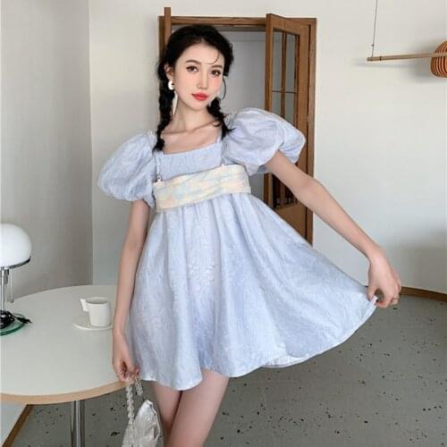 Pearl Buckle Backless Puff Sleeve Cute Babydoll Puffy Dress 2021 Summer Korean Fashion Ball Gown Mini Kawaii Dress Women