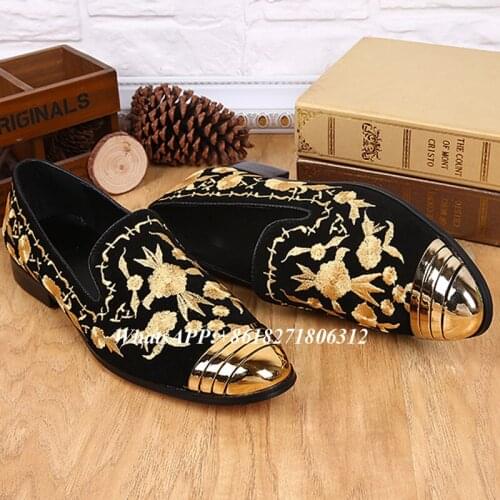 Dropship High Quality Mens Flat Casual Shoes Large Size 37-46 Gold Metallic Toe Embroidery Shoe Slip On Black Suede Men Loafers