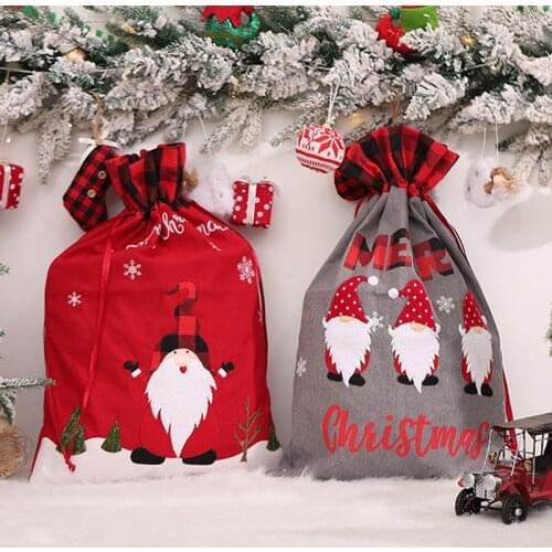 Christmas Candy Gift Big Bag Cute Christmas Linen Tote Bag Lattice Side Drawstring Pocket Gift for Children