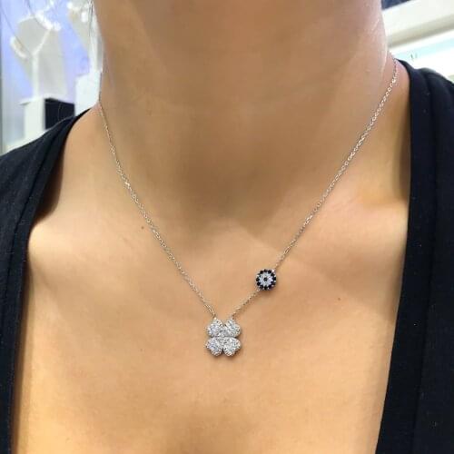 Four Leaf Clover Evil Eye Silver Necklace