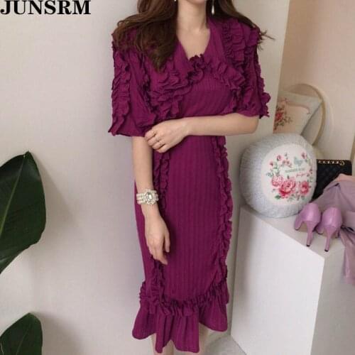 Vintage Loose High Waist Chic French V-Neck Ruffle Dress Retro Lace Elegant Midi Dress 2020 New Spring Women Dress Vestido Femme