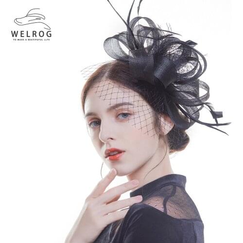 WELROG Gift Cocktail Wedding Party Church Headpiece Fashion Headwear Formal Feather Hair Clip Women Chic Sinamay Fascinator Hat