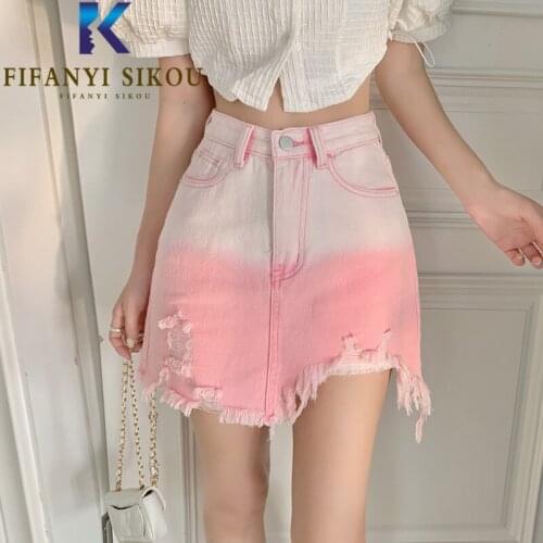 Gradient Color Denim Skirt Women Summer 2021 New Fashion High Waist Ripped Jeans Skirt Asymmetry Loose Short Skirts Female