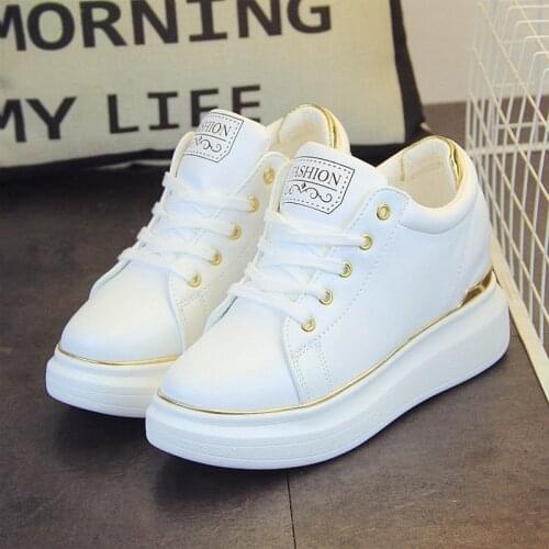 2021 New Hidden Heels Women Platform Wedge Sneakers Ladies Leather Golden Silver White Shoes Female Krasovki Tenis