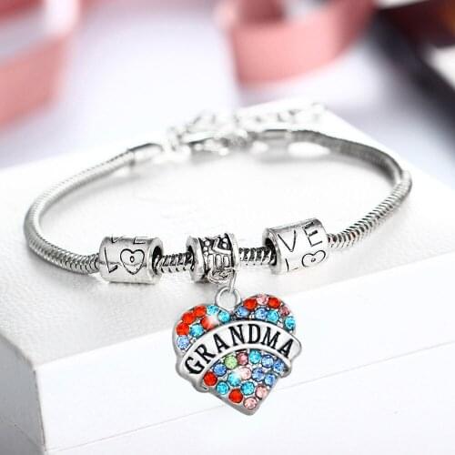 12PC/Lot Multicolor Crystal Love Heart Grandma Bracelet Jewelry Charm Women Family Grandmother Nana Chain Beads Bracelets Gifts