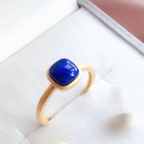 2021 New Natural Lapis Lazuli Ring S925 Ancient Process Electroplating 24k Color-Preserving Real Gold Ring