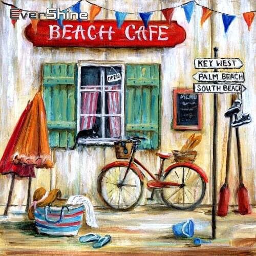 EverShine DIY Diamond Painting With Square Rhinestones Beach Cafe Diamond Embroidery Landscape Diamond Mosaic Wall Decoration