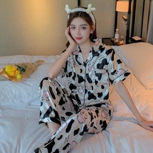Short Sleeve Long Pants Silk Satin Pajama Sets Women Summer Cute Cartoon Cow Sleepwear Suit Pyjama Homewear Pijama Mujer Clothes