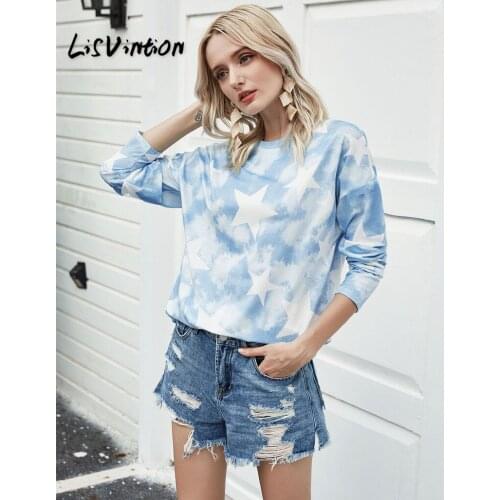 Women Star Print Tie-Dye Basic Tshirt Long Sleeve Cotton Polyester Comfortable Tops 4 Colors S-XXL