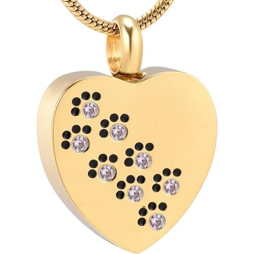 Crystals Inlay Paw Print Heart Cremation Jewelry for Ashes Stainless Steel Keepsake Memorial Urn Necklace for Men Women