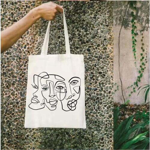 Art Drawing Custom Bag Line Drawing Reusable Bag Minimalist Modern Design Shopping Bag Faces Fashion Geometric Art