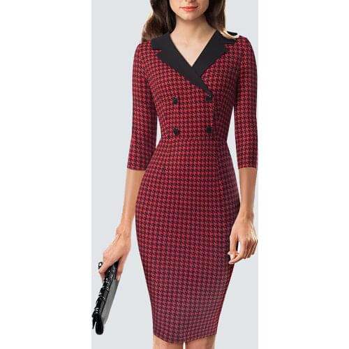 Classic Houndstooth Elegant Bodycon Vintage Charming Office Lady Double Buttons Dress HB570