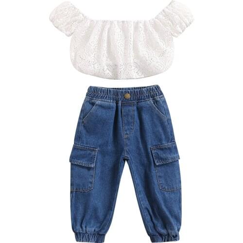 2021 1-6Y Fashion Infant Solid Color Girl Clothing Fall Kids Lace Off Shoulder Hollow Short Sleeve Crop Tops+Pockets Denim Pants