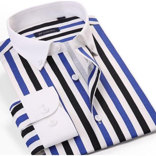 Mens Contrast Collar Striped Long Sleeve Button Down Dress Shirt Pocketless Design Slim Casual Striped Blouse White Cuff Shirts