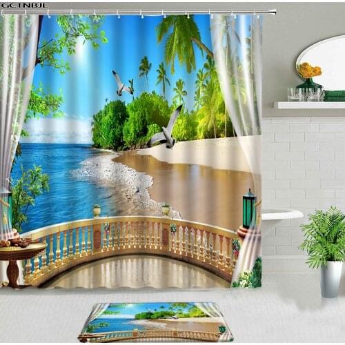 Ocean Scenery Shower Curtains Set Bath Mats Rugs Sunlight Beach Palm Tree Sea Bathroom Room Decoration Screen Entrance Door Mat