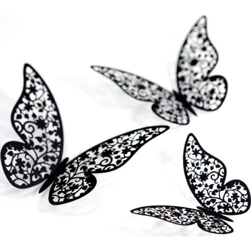 12PCS Black Hollow Butterfly Wall Sticker 3D Simulation Butterfly Sticker for Kids Room Wall Decals Home Cake Wedding Decoration