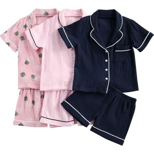New Children’s Two-pieces Sleepwear Suit, Short Sleeve Single Breasted Shirt Tops with Front Pocket and Elastic Short Pants