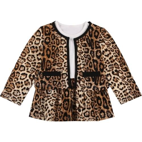 2020 0-5Y Fashion Kids Baby Girl Clothing Leopard Print Coats Top+Long Sleeve Patchwork A-line Dress Autumn Toddler 2pcs Set