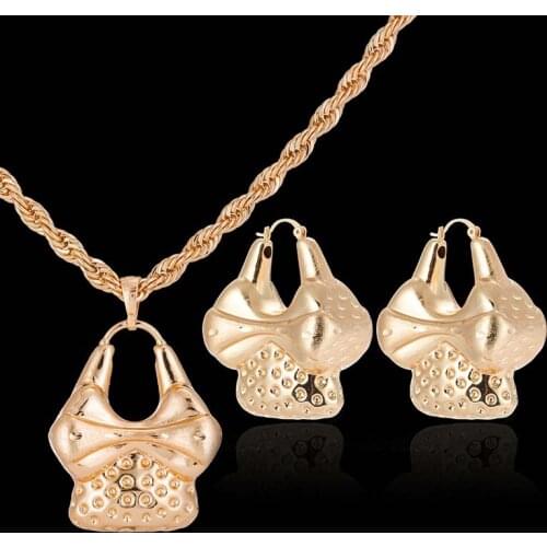 Gold Color Bride Earrings Pendant for Women Nigerian African Wedding Accessories Gifts Rose Color Necklaces Jewelry SetsCE130