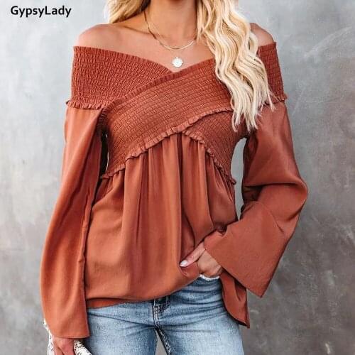 GypsyLady off the shoulder casual Blouse Shirt autumn Sexy chic Holiday Women Blouse Flare Sleeve Chic Office Ladies Female Tops
