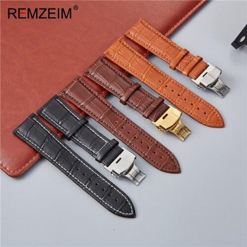 REMZEIM Genuine Leather Watch Strap 16 18 20 22 24MM Men Women Watch Band Solid Automatic Butterfly Buckle Watch Accessories Hot