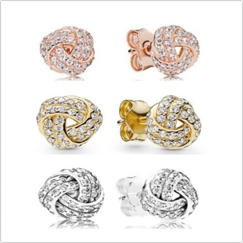 925 Sterling Silver Rose Sparkling Love Knot With Crystal pandora Earring With Crystal For Women Wedding Jewelry