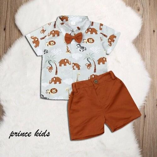 Summer Toddler Kid Baby Boy Gentleman Formal Party Suit Animal Shirt+Pants Short 2PCS Outfits Cartoon Set Clothing