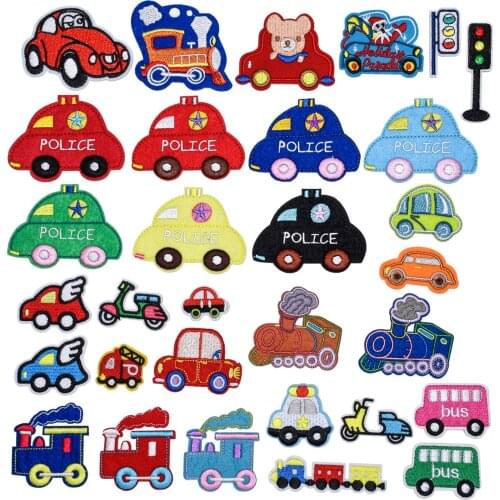 Transportation Embroidery Patches Iron on Cartoon Police Car Badges DIY Thermo Stickers for Clothes Hole Patch Train Appliques
