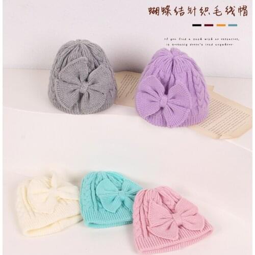 Citgeett 0-2Years Baby Gilrs Knitted Bowknot Hats Winter Warm Soft Solid Caps Lovely Beanies