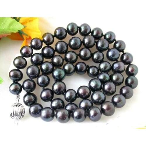 Unique Pearls jewellery Store 17'' 8mm Black Round Freshwater Cultured Pearl Necklace Fine Jewelry Women Gift