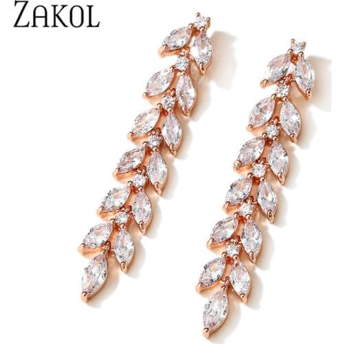 ZAKOL Luxury Statement Long Leaf Droplets Drop Earrings with Shiny Clear AAA Cubic Zirconia for Women Wedding Jwelry EP2964