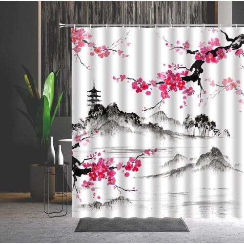 Red Plum Ink Shower Curtain Chinese Style Mountain Water Tower Landscape Flower Pattern Bathroom Decor Polyester Cloth Curtains