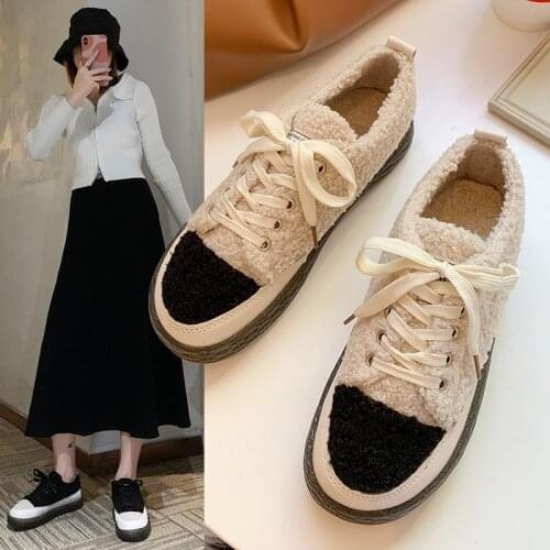2021 women loafers flat fur cross-tied round toe comfortable soft plush women shoes winter sneakers fur female shoes