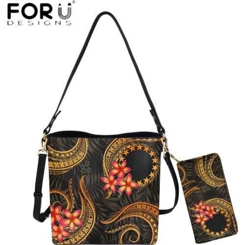 FORUDESIGNS Women Bucket and Purse Set Cook Island Polynesian Plumeria Print Lady Luxury PU Leather Messenger Bolsa Casual Sac