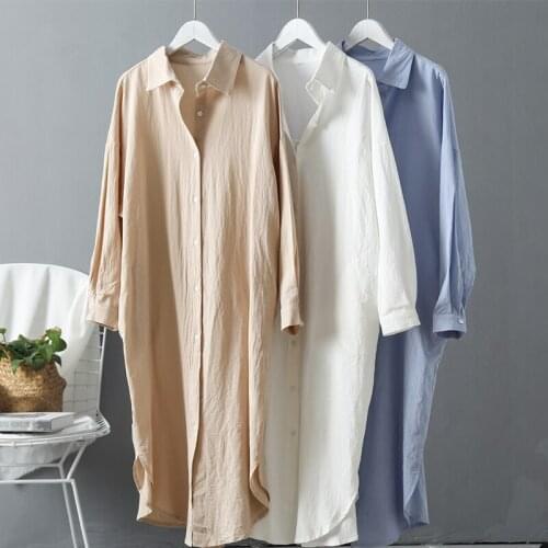 2021 New Spring Autumn Cotton and Linen Oversize Womens Long Shirt Dress Long Sleeve Korean White Casual Loose Shirt Dresses