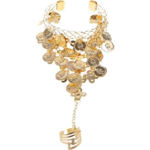 Lady Belly Dance Gold/Silver Coin Link Metal Ring To Wrist Bracelet Necklace