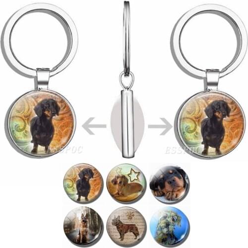 Dog Keychain Cute Dog Dachshund, German Hound Picture Glass Cabochon Double Side Keychain Fashion Accessories Handmade Gift