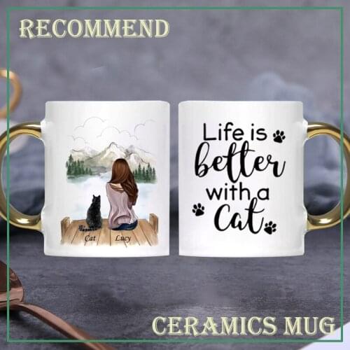 Girl and Cat Man Couple and Pet Personalized Mug Coffee Cups Gift for Family DIY Choose Hair Skin Clothes KTNV-003 KTNV-002