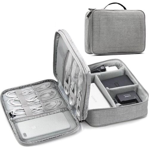 Extra Large Size Double Deck Box Type Polyester Fabric Material Travel Digital Organizer Bag for Data Cable for iPad Air