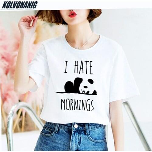 Panda I HATE MORNINGS Cute Print T Shirt Women Summer Brand Clothes Cotton Casual Loose Tee Shirt Female Harajuku Tops T-Shirts