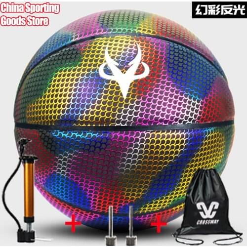 Holographic reflective basketball, luminous fluorescent, gift, adult and child performance, free air pump + needle + bag