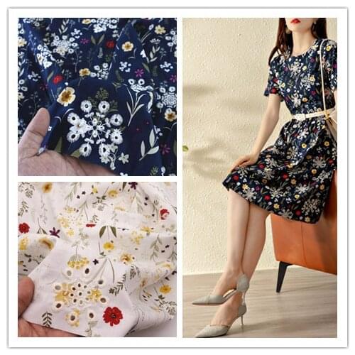 Cotton Embroidery Print Hollow Poplin Flower Branch Fabric Dress Shirt Tablecloth Handmade DIY Fabric