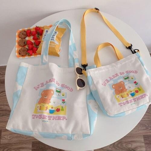 Women Canvas Shoulder Bag Cute Cartoon Print Books Bag For College Girl Large Capacity Shopping Bag Cotton Cloth Fabric Big Tote